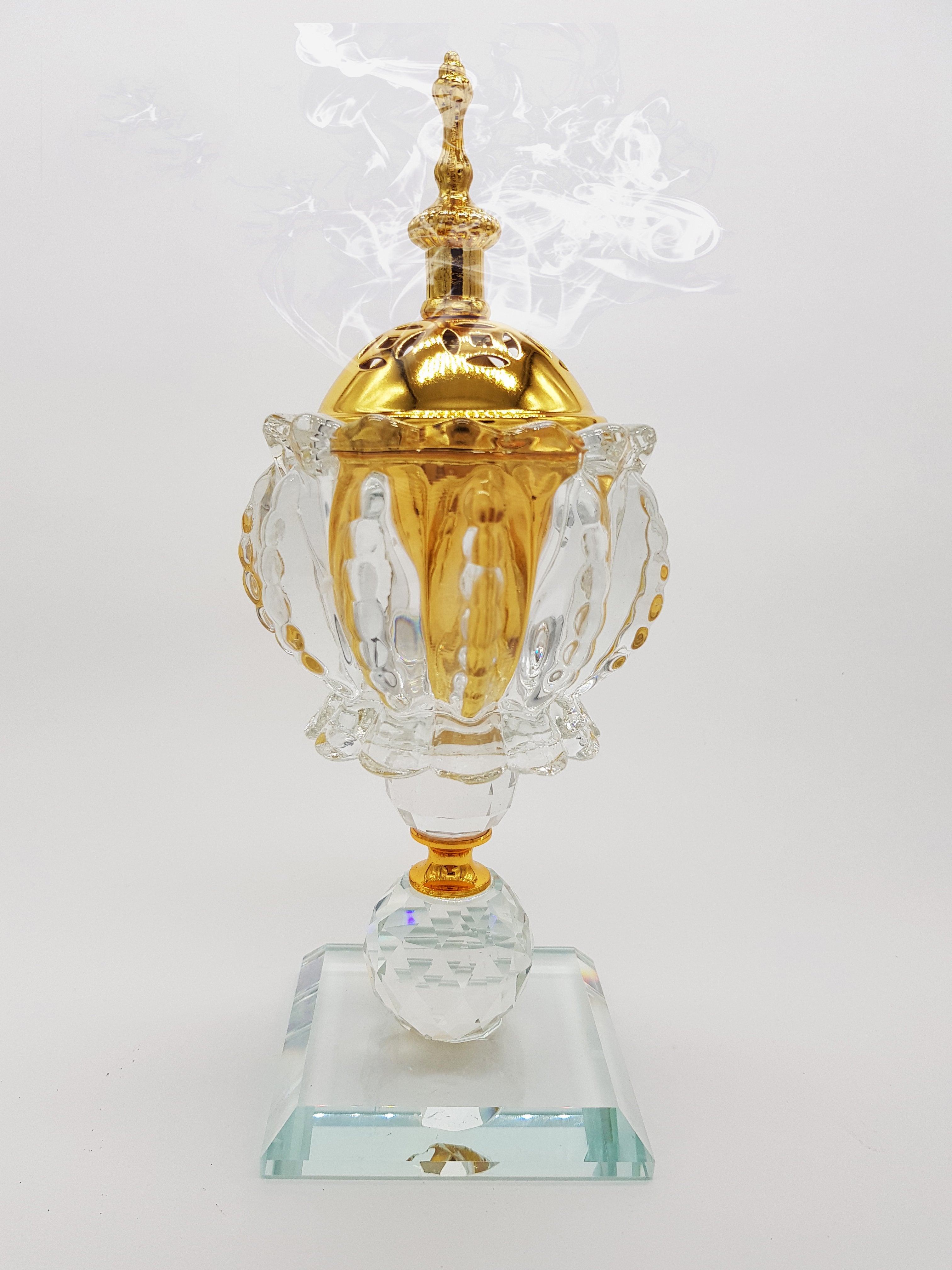 Non Electrical Crystal Bakhoor Burner with 50g Frgrance Paste & 10 coal coins Crystal Incense Holder Set 1010-Clear and Gold