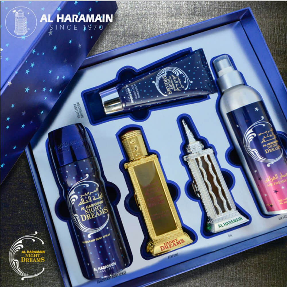 Al Haramain Night Dreams Fragrance contains Eau de Parfum 60ml, Perfume oil 30ml, Deodorant 200ml, Lotion 100ml & Air Freshener 250ml Gift Set For Men And Women