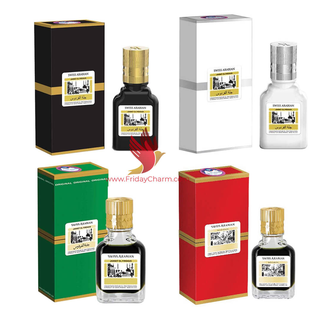 Swiss Arabian Jannat ul Firdaus 9ml Attar Black, Red, Green & White Pack of 4