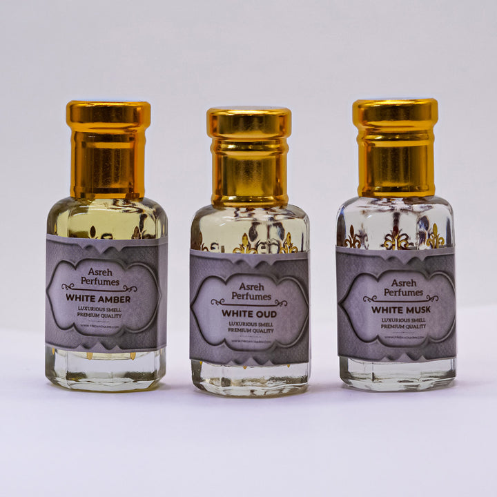 White Amber, White Oud &amp; White Musk 12ml each, pack of 3 - Asreh Premium Quality Attar