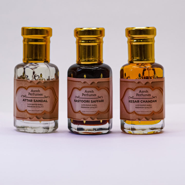 Attar Sandal, Kasturi Saffari &amp; Kesar Chandan 12ml each, pack of 3 - Asreh Premium Quality Attar