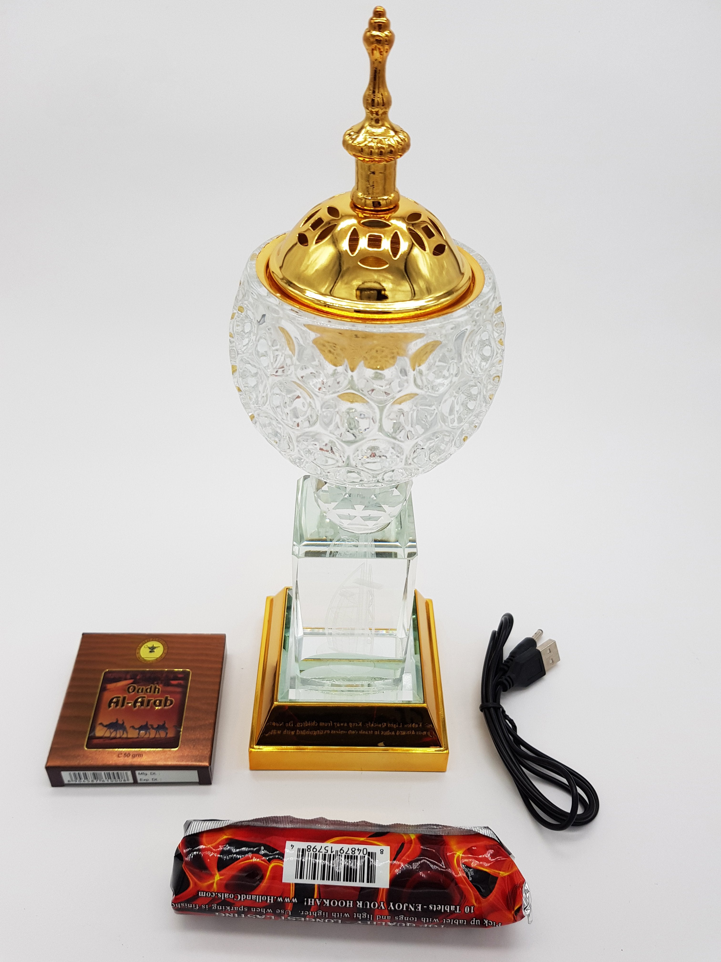 Crystal Bakhoor Burner with Rechargeble LED Lights, 50g Fragrance Paste & 10 Coal Coins