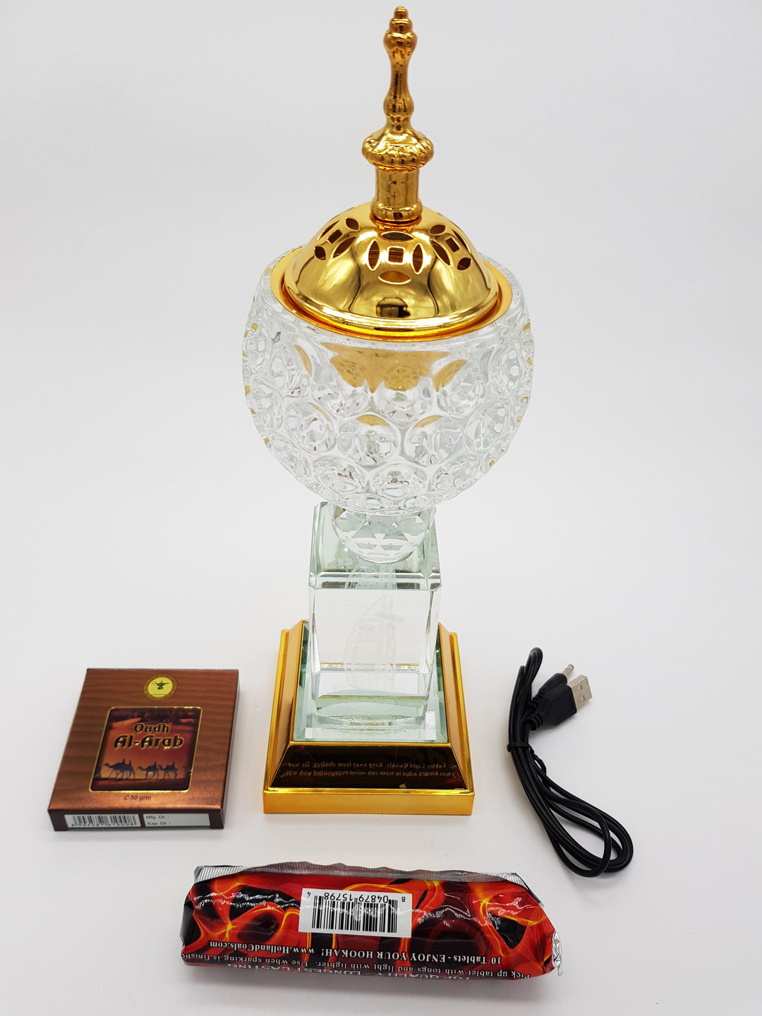 Crystal Bakhoor Burner with Rechargeble LED Lights, 50g Fragrance Paste &amp; 10 Coal Coins