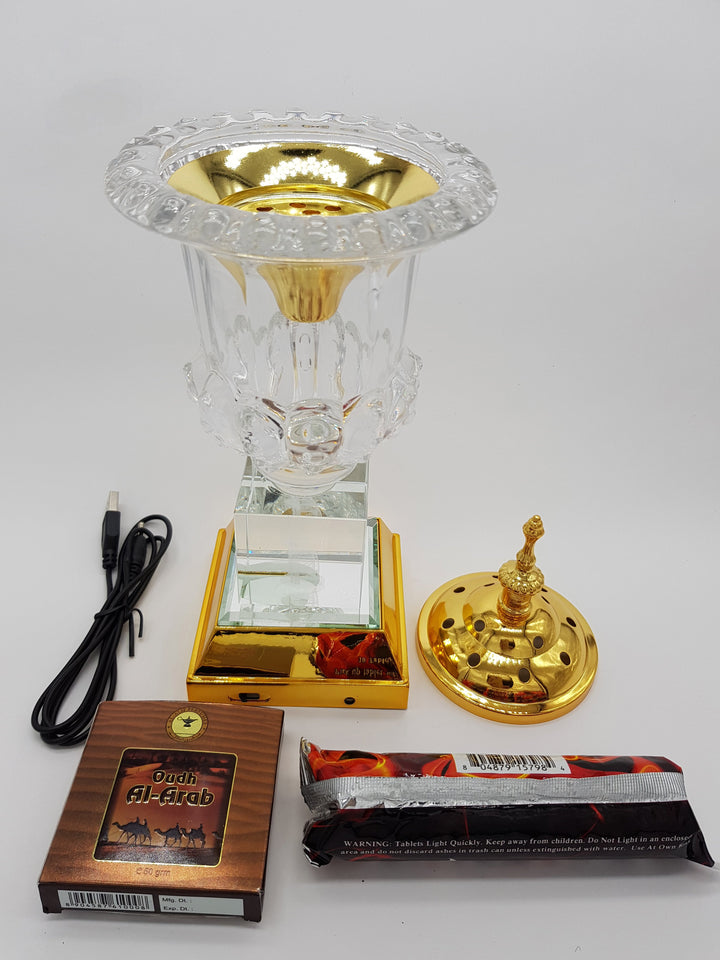 Crystal Bakhoor Burner with Rechargeble LED Lights, 50g Fragrance Paste &amp; 10 Coal Coins