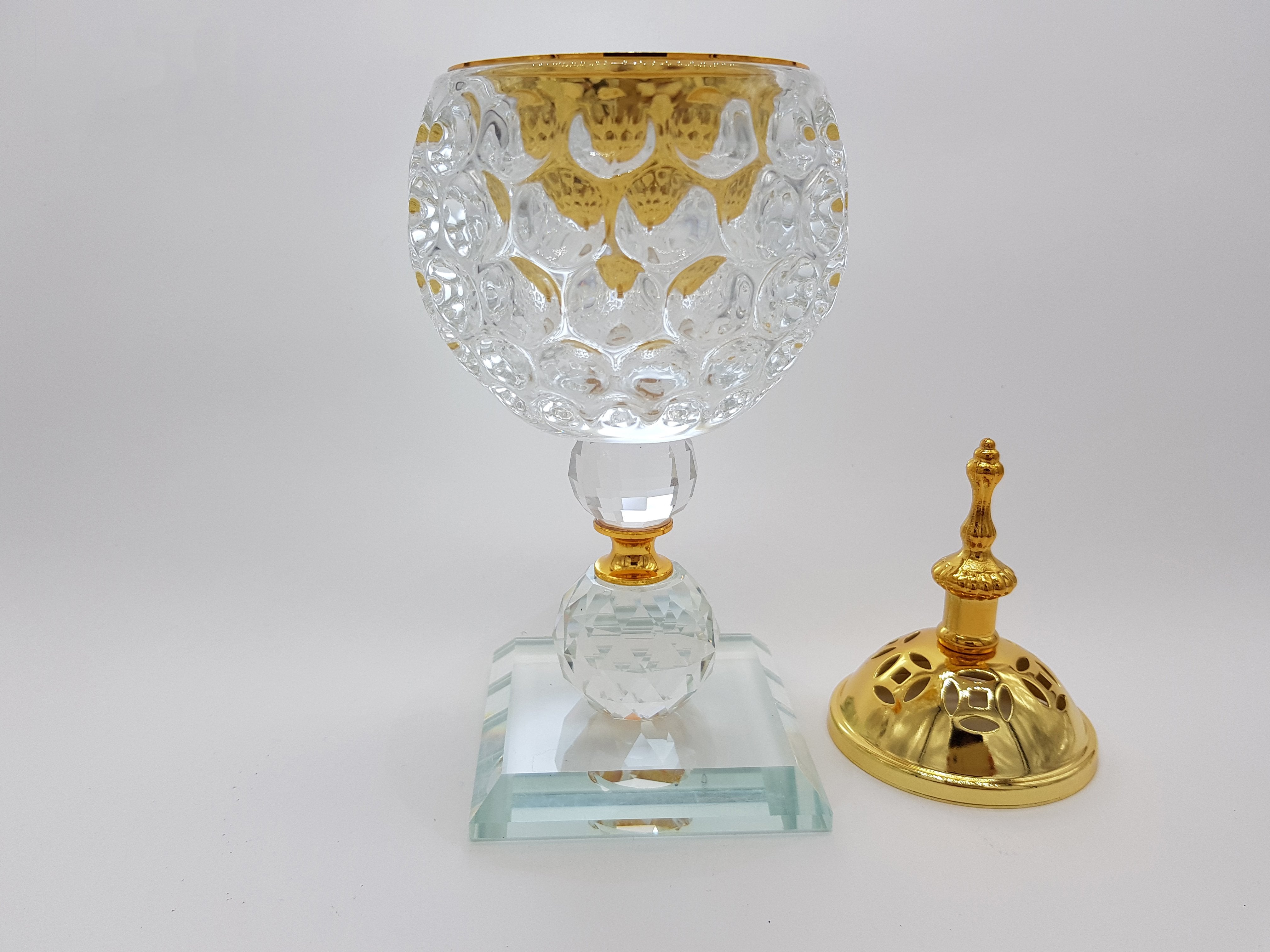 Non Electrical Crystal Bakhoor Burner with 50g Frgrance Paste & 10 Coal Coins Crystal Incense Holder Set 1009-Clear and Gold