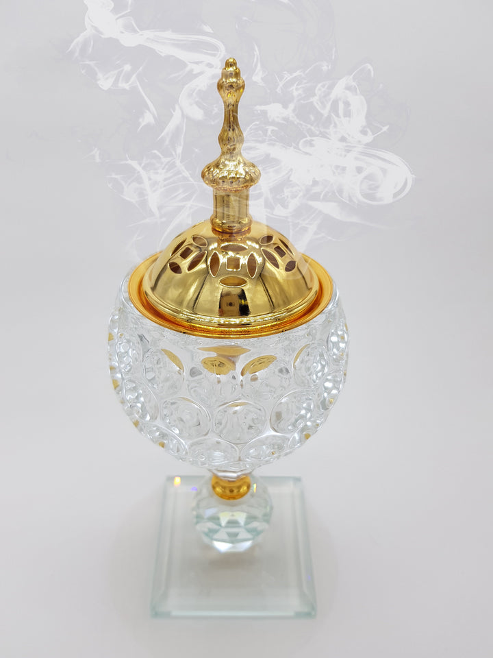 Non Electrical Crystal Bakhoor Burner with 50g Frgrance Paste &amp; 10 Coal Coins Crystal Incense Holder Set 1009-Clear and Gold