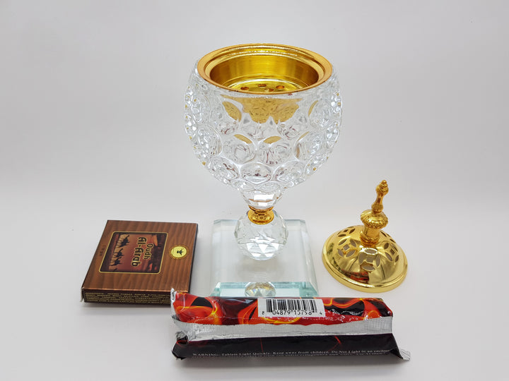 Non Electrical Crystal Bakhoor Burner with 50g Frgrance Paste &amp; 10 Coal Coins Crystal Incense Holder Set 1009-Clear and Gold