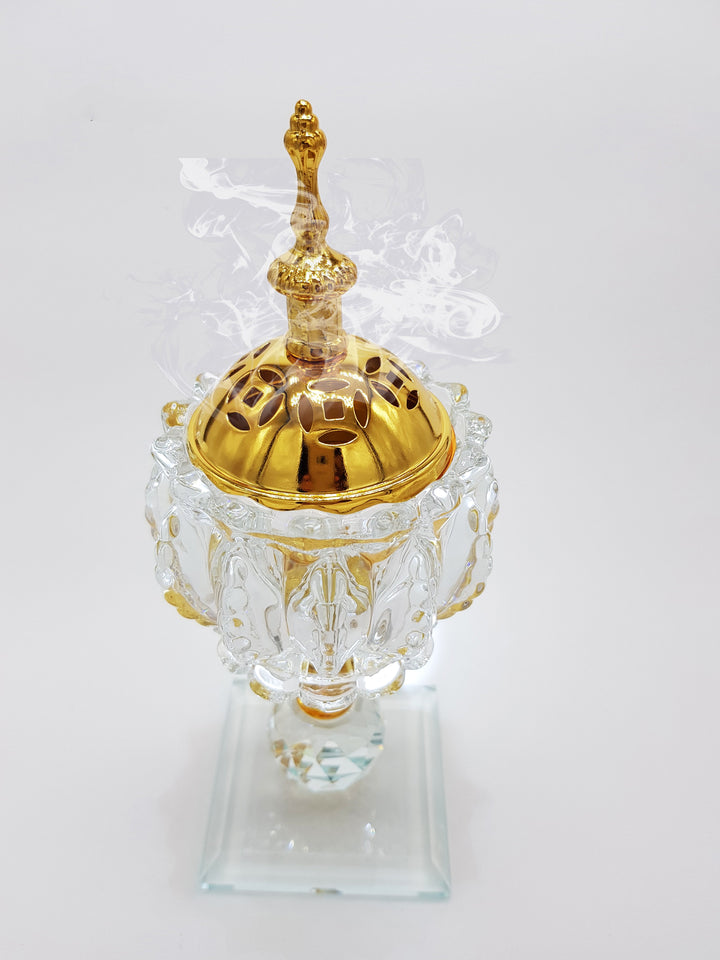 Non Electrical Crystal Bakhoor Burner with 50g Frgrance Paste &amp; 10 coal coins Crystal Incense Holder Set 1010-Clear and Gold
