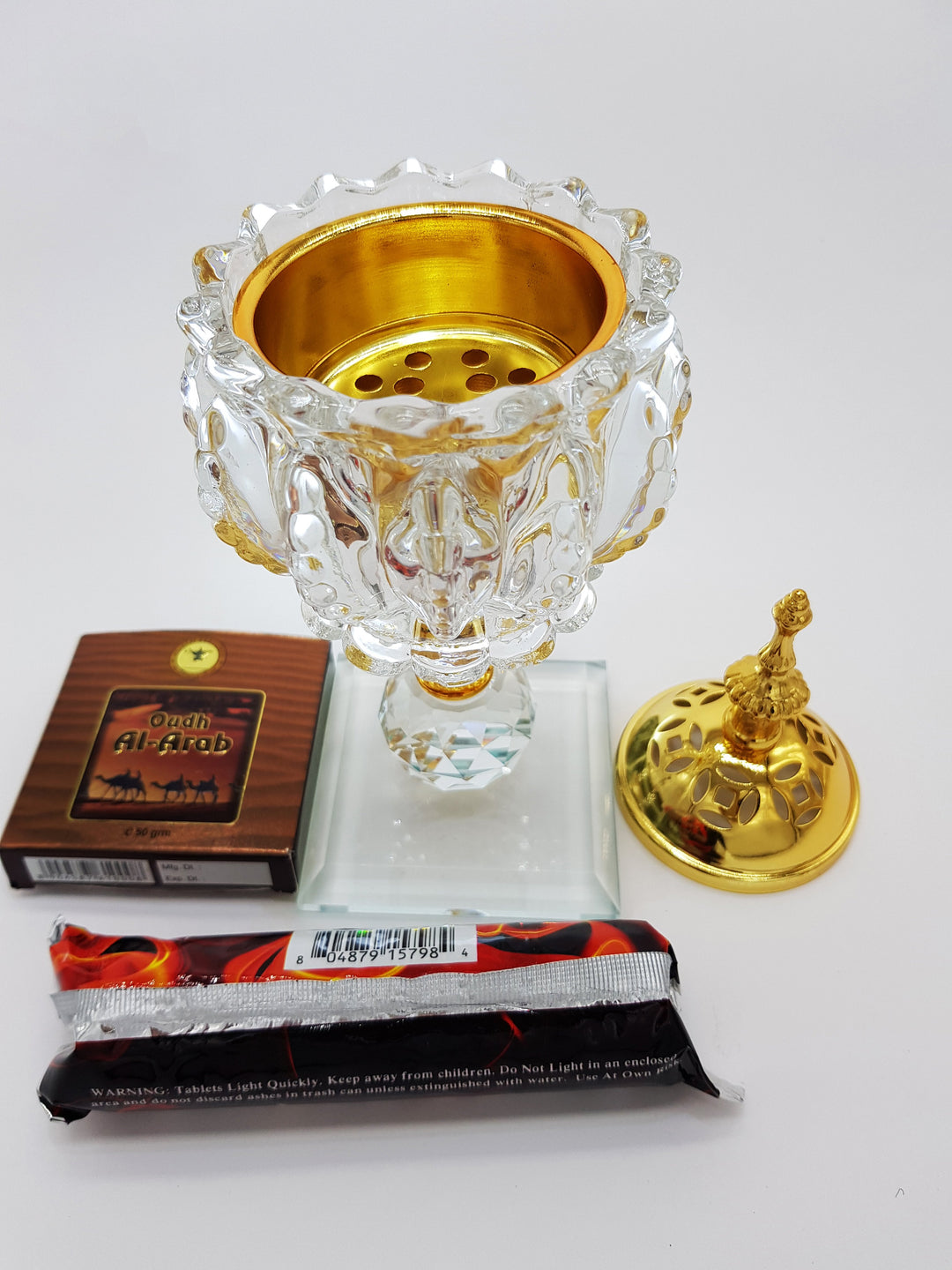 Non Electrical Crystal Bakhoor Burner with 50g Frgrance Paste &amp; 10 coal coins Crystal Incense Holder Set 1010-Clear and Gold