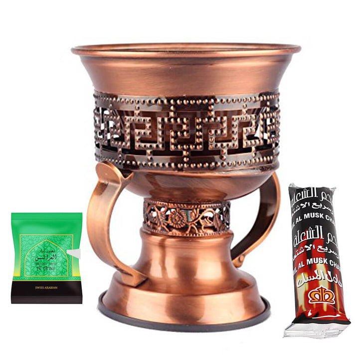 Non Electrical Bakhoor Burner with 10 Coal Coins &amp; 40g Fragrance Paste - Copper