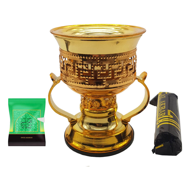 Non Electrical Bakhoor Burner with 10 Coal Coins &amp; 40g Fragrance Paste - Golden