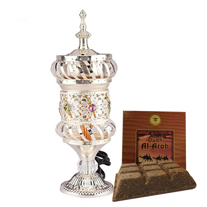 Electrical Bakhoor Burner &amp; 50g Fragrance Paste Iron Incense Holder - Silver (Oud/BAKHOOR/LOBAAN)