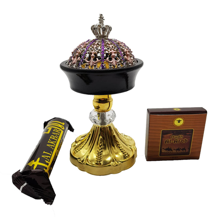 Non Electrical Bakhoor Burner, 50g Fragrance Paste &amp; 10 Coal Coins - Purple