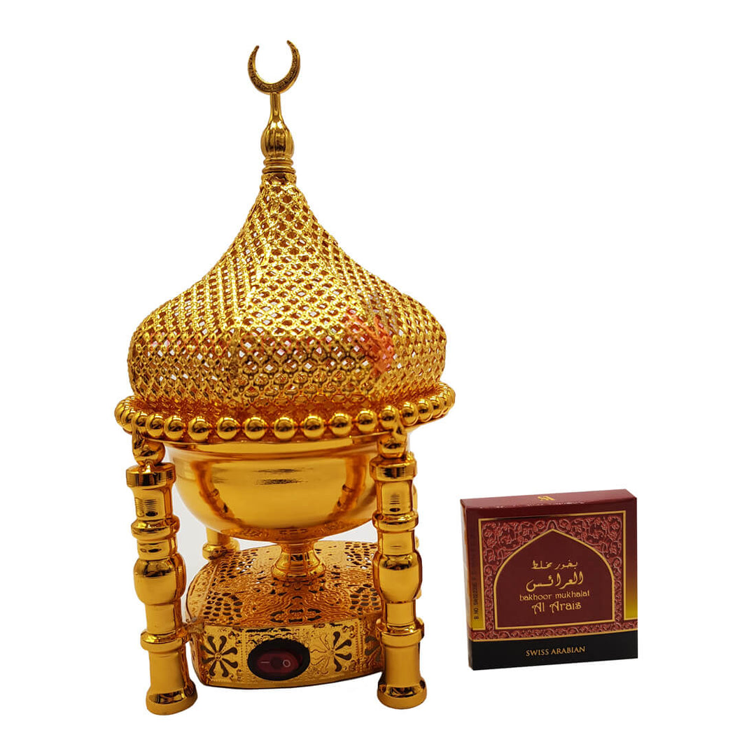 Electrical Bakhoor Burner &amp; 50g Fragrance Paste - Golden