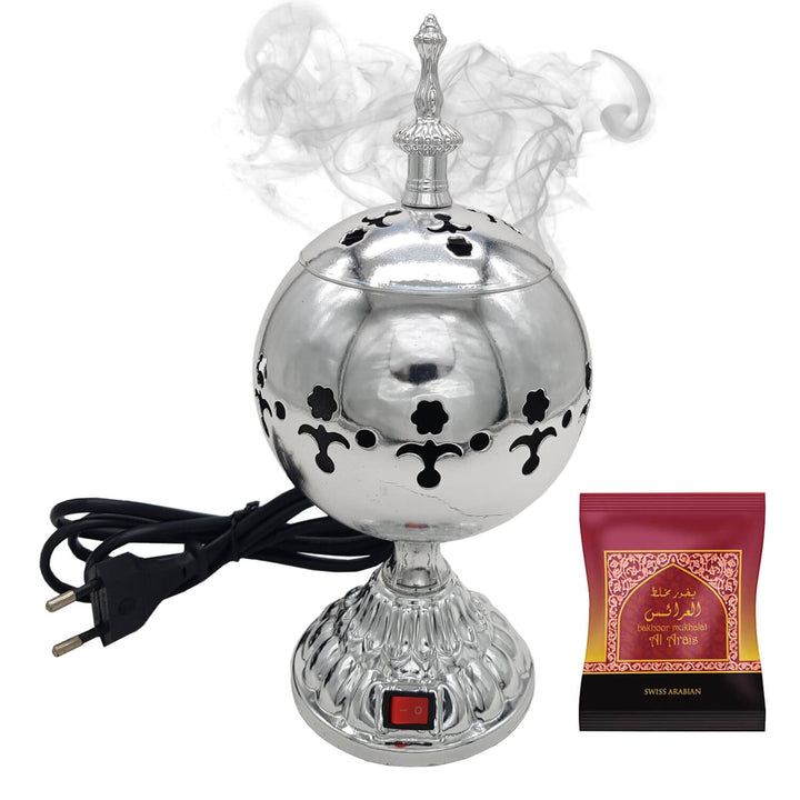 Exclusive Electrical Bakhoor Burner &amp; 40g Fragrance Paste - Silver