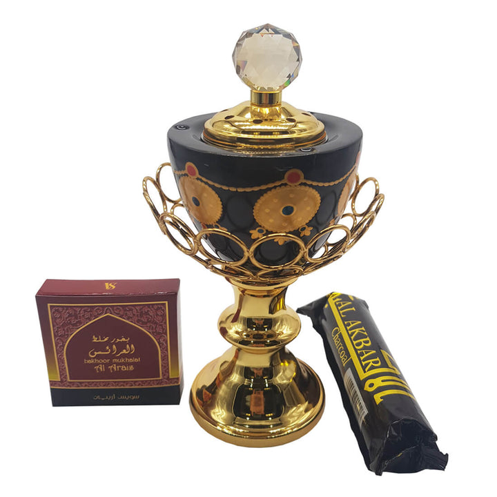 Non Electrical Bakhoor Burner with 10 Coal Coins &amp; 40g Fragrance Paste - Black