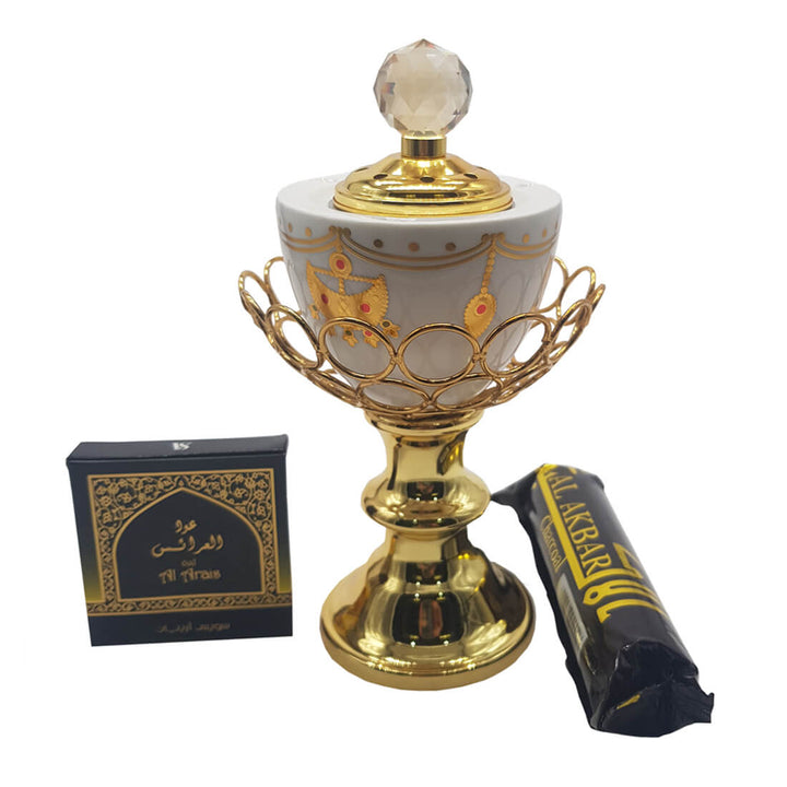 Non Electrical Bakhoor Burner with 10 Coal Coins &amp; 40g Fragrance Paste - White