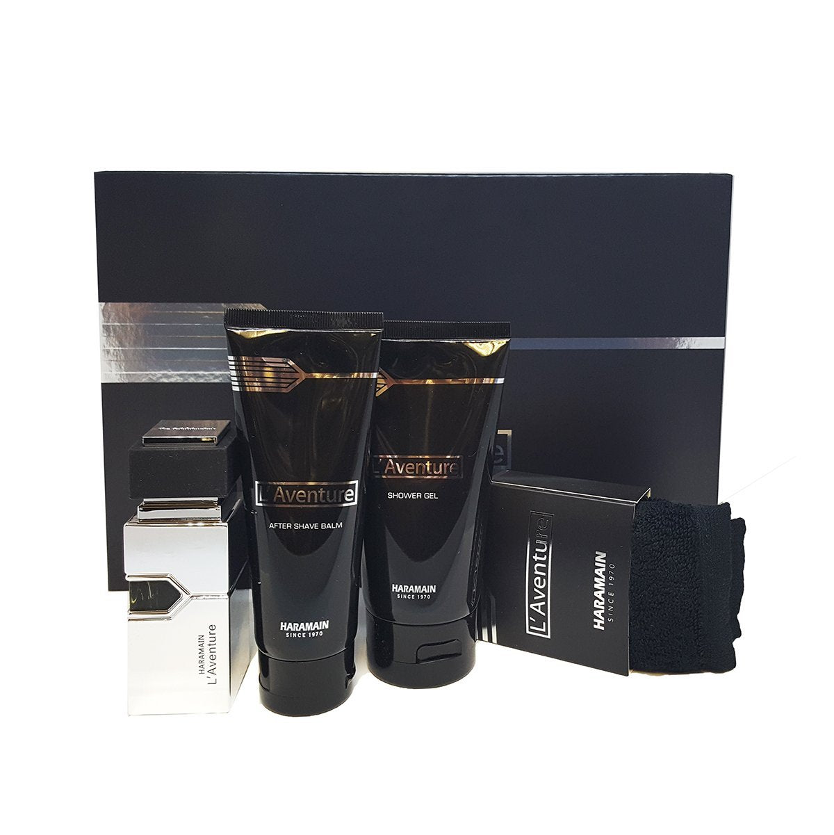Al Haramain L’Aventure Fragrance - 4 Piece Perfume Gift Set For Men (Perfume, After Shave, Shower Gel, Towel)