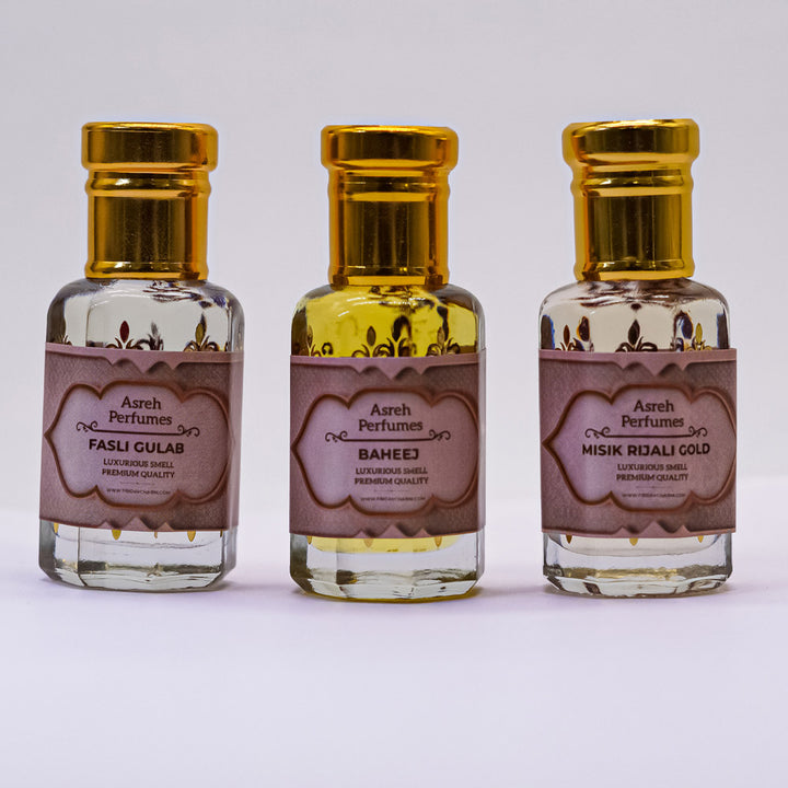 Fasli Gulab, Baheej &amp; Misik Rijali Gold 12ml each, pack of 3 - Asreh Premium Quality Attar
