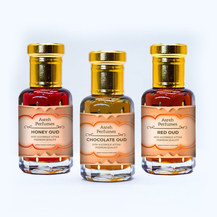 Honey Oud, Chocolate Oud &amp; Red Oud 12ml Each, Pack of 3 - Asreh Premium Quality Attar