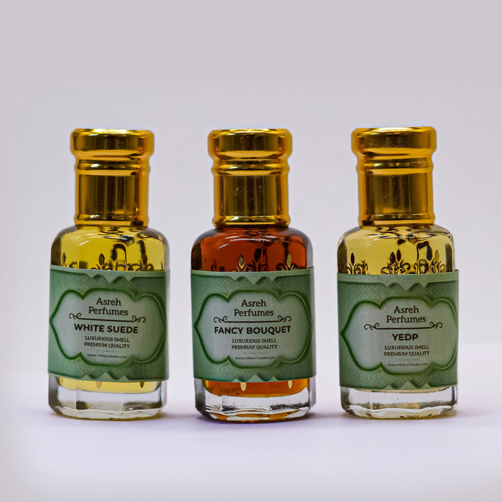 White Suede, Fancy Bouquet &amp; Y.EDP 12ml each, pack of 3 - Asreh Premium Quality Attar