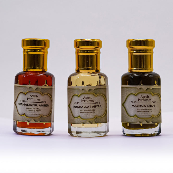 Shamamatul Amber, Mukhallat Abyaz &amp; Majmua Shahi 12ml each, pack of 3 - Asreh Premium Quality Attar