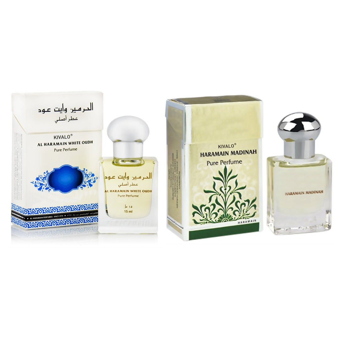 Al Haramain Madinah &amp; White Oudh Fragrance Pure Original Roll on Perfume Oil Pack of 2 (Attar) - 2 x 15 ml