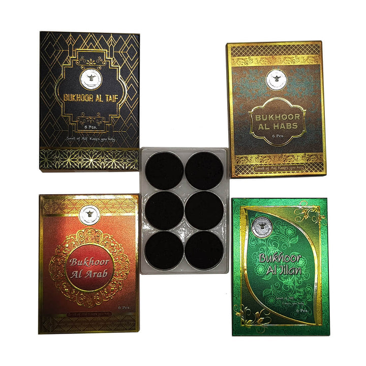 Al Alif Bukhoor Al Sanjar, Royal King, Al Waris, Al Noora, Al Arab, Al Taif, Al Habs &amp; Al Jilam Bakhoor Coin 6 pcs Home Fragrance Pack of 8