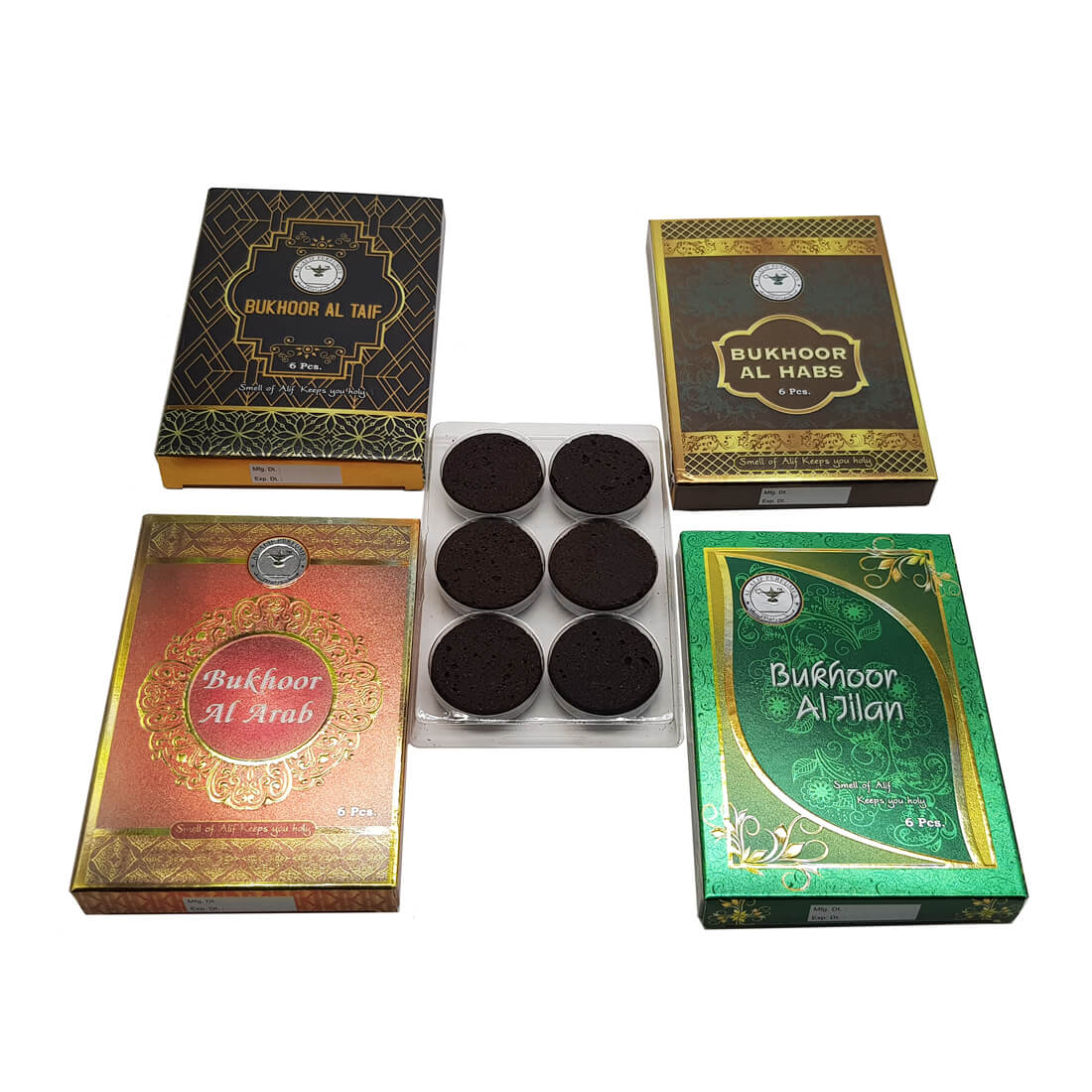 Al Alif Bukhoor Al Arab, Al Taif, Al Habs & Al Jilam Bakhoor Coin 6 pcs Home Fragrance Pack of 4