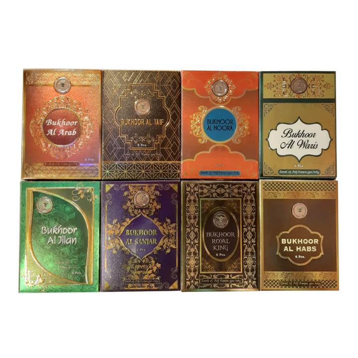 Al Alif Bukhoor Al Sanjar, Royal King, Al Waris, Al Noora, Al Arab, Al Taif, Al Habs &amp; Al Jilam Bakhoor Coin 6 pcs Home Fragrance Pack of 8