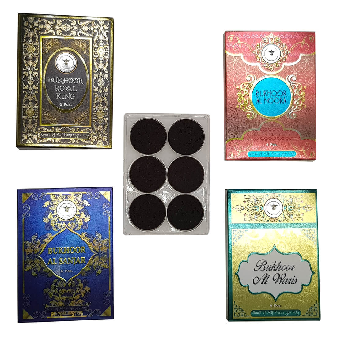 Al Alif Bukhoor Al Sanjar, Royal King, Al Waris & Al Noora Bakhoor Coin 6 pcs Home Fragrance Pack of 4