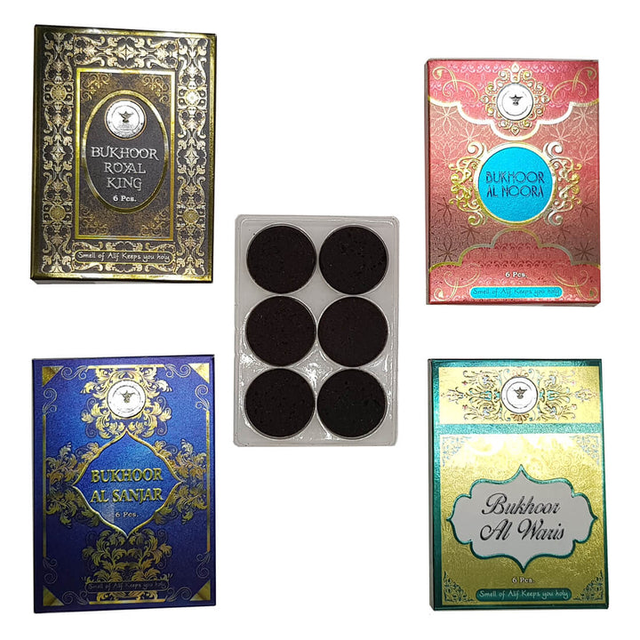 Al Alif Bukhoor Al Sanjar, Royal King, Al Waris &amp; Al Noora Bakhoor Coin 6 pcs Home Fragrance Pack of 4