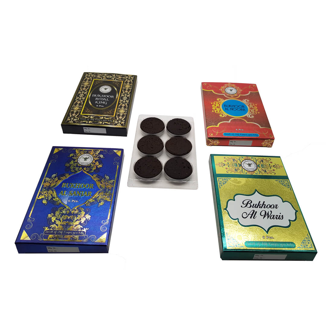 Al Alif Bukhoor Al Sanjar, Royal King, Al Waris & Al Noora Bakhoor Coin 6 pcs Home Fragrance Pack of 4