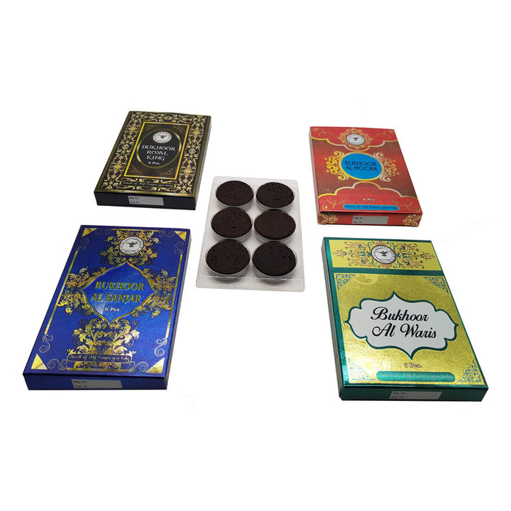 Al Alif Bukhoor Al Sanjar, Royal King, Al Waris &amp; Al Noora Bakhoor Coin 6 pcs Home Fragrance Pack of 4