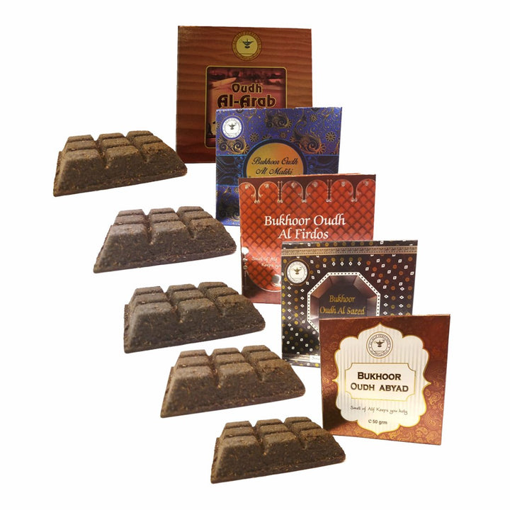 Alif Bukhoor Oudh Abyad, Al Firdous, Al Saeed, Al Maliki &amp; Al Arab Incense Home Fragrance Pack Of 5 x 50g