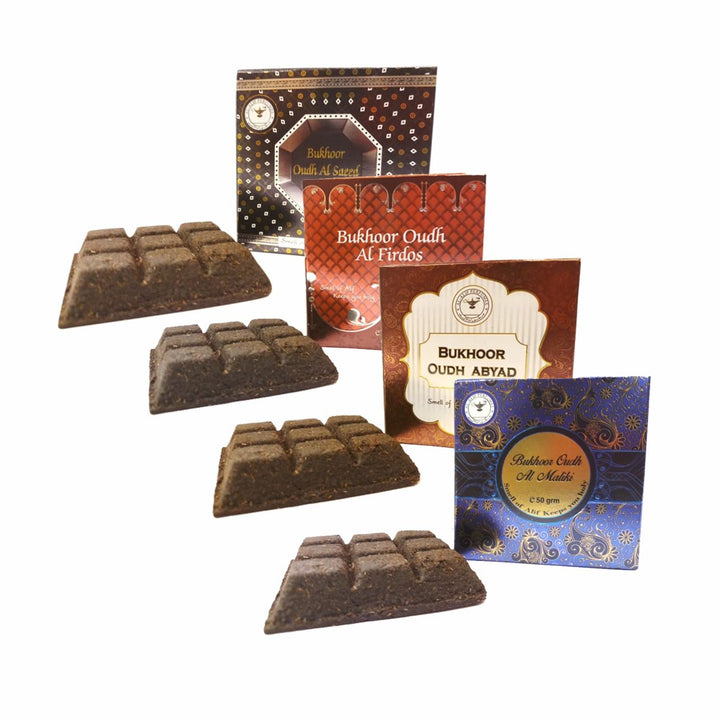 Alif Bukhoor Oudh Abyad, Al Firdous, Al Saeed &amp; Al Maliki Incense Home Fragrance Pack Of 4 x 50g