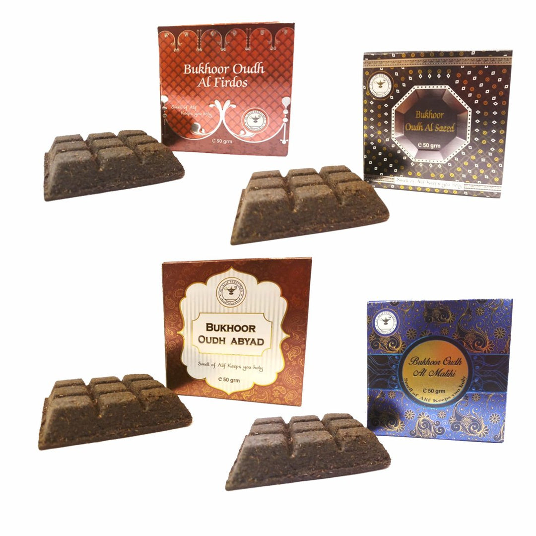 Alif Bukhoor Oudh Abyad, Al Firdous, Al Saeed &amp; Al Maliki Incense Home Fragrance Pack Of 4 x 50g