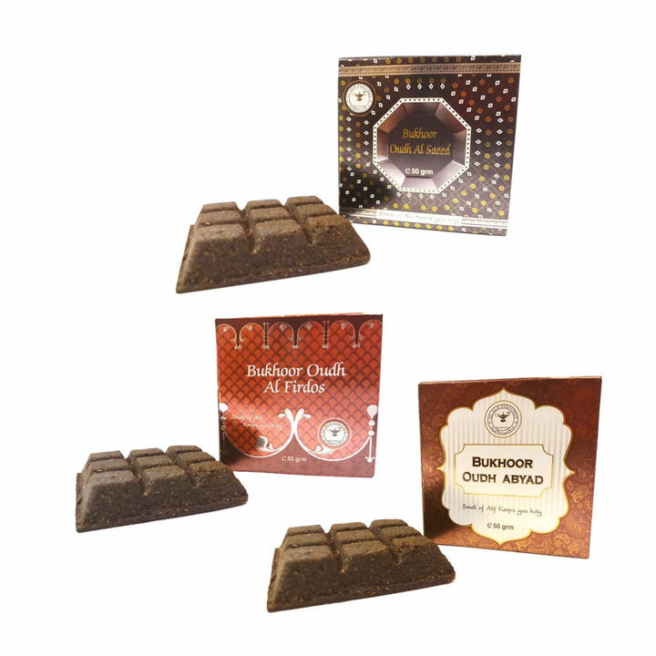Alif Bukhoor Oudh Abyad, Al Firdous &amp; Al Saeed Incense Home Fragrance Combo Pack Of 3 x 50g