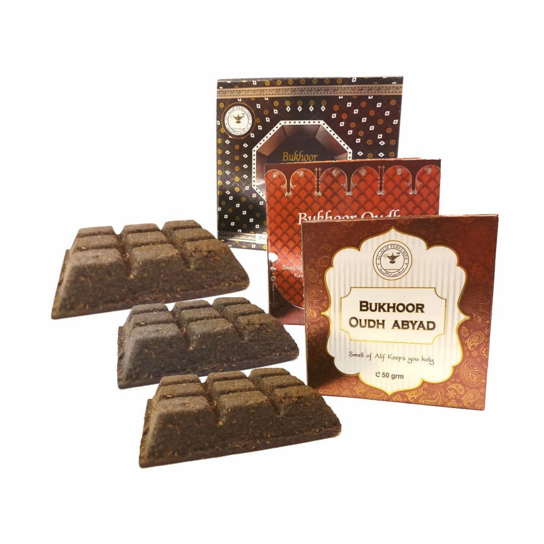 Alif Bukhoor Oudh Abyad, Al Firdous &amp; Al Saeed Incense Home Fragrance Combo Pack Of 3 x 50g
