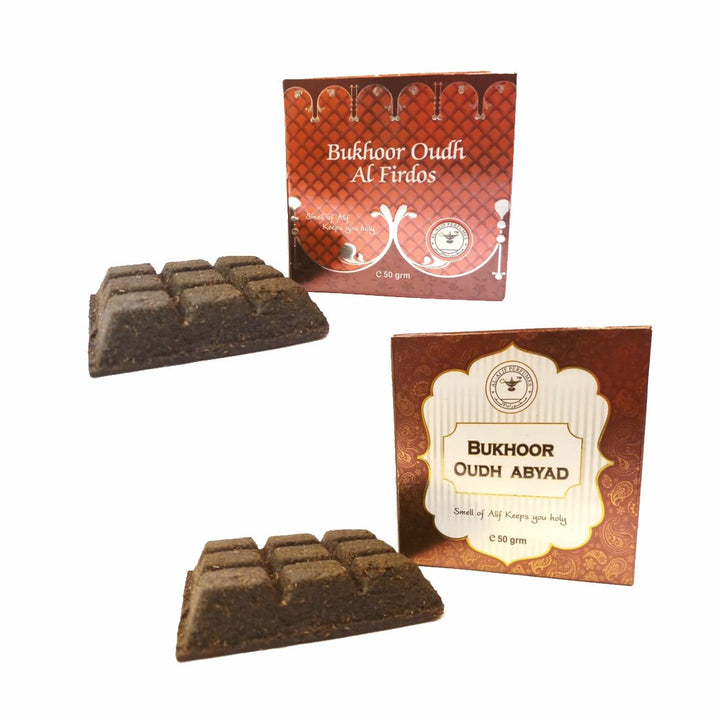 Alif Bukhoor Oudh Abyad &amp; Al Firdous Incense Home Fragrance Combo Pack Of 2 x 50g