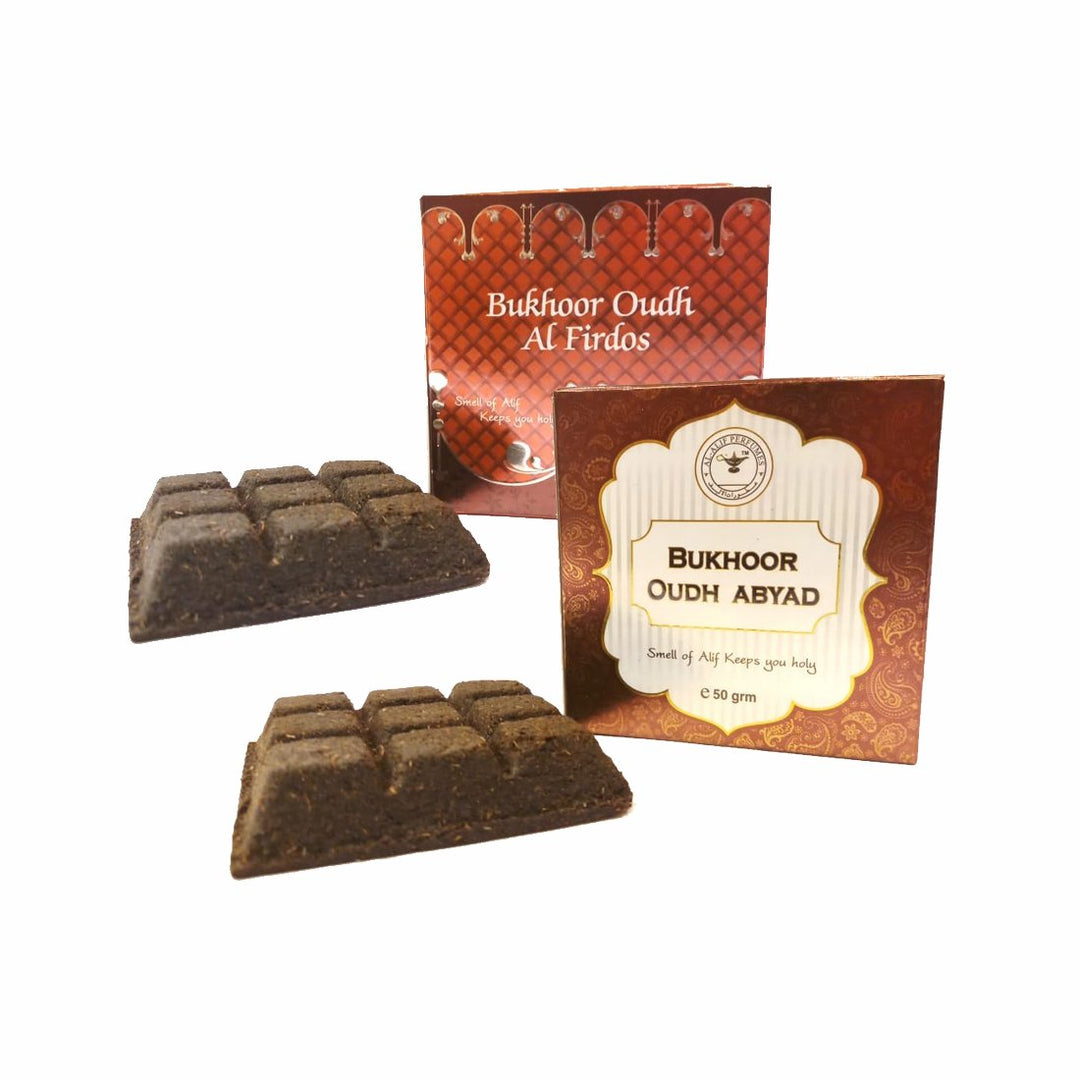 Alif Bukhoor Oudh Abyad &amp; Al Firdous Incense Home Fragrance Combo Pack Of 2 x 50g