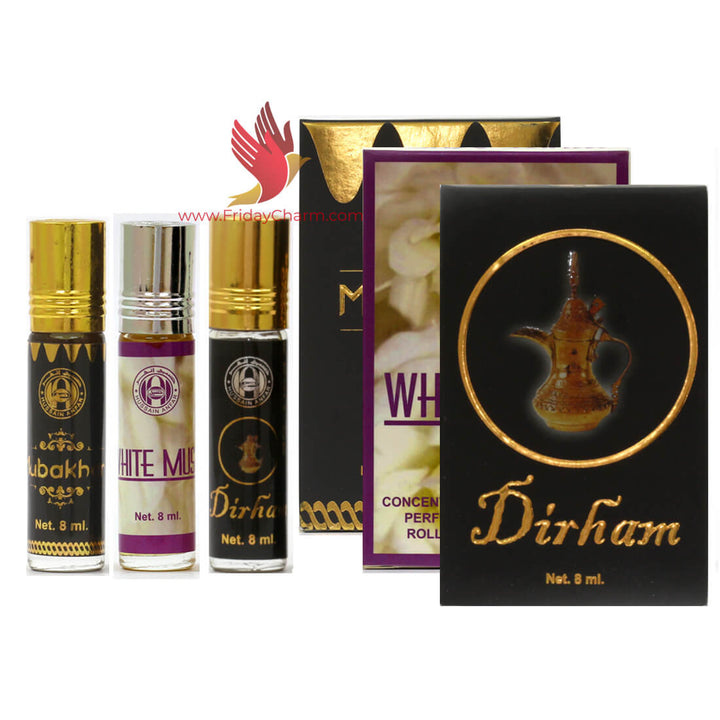 Anfar Dirham, White Musk &amp; Mubhakar Roll On Attar  Pack Of 3 - 8ml