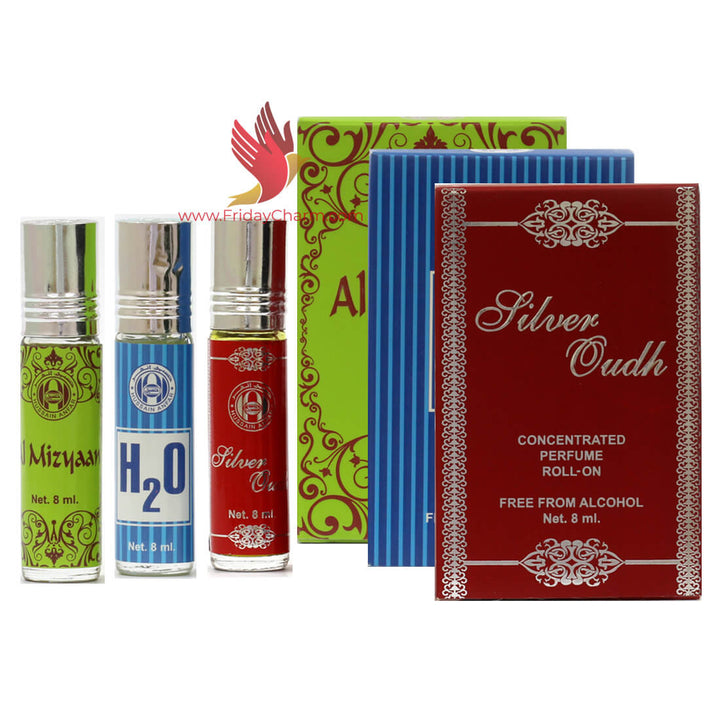 Anfar Silver Oudh, H2O &amp; Al Mizyaan  8ml Roll on Attar Pack Of 3