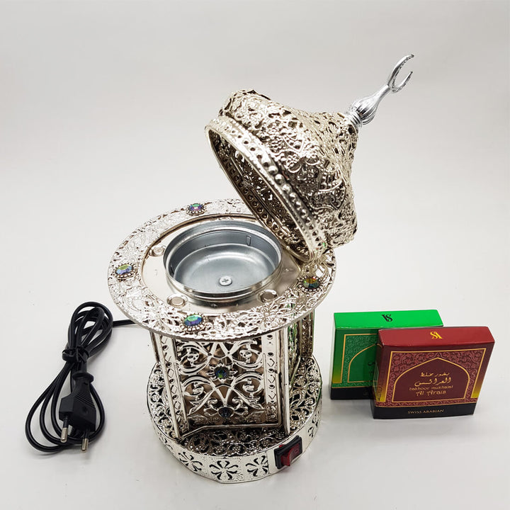 Electrical Bakhoor Burner &amp; 2 Fragrance Paste - Silver