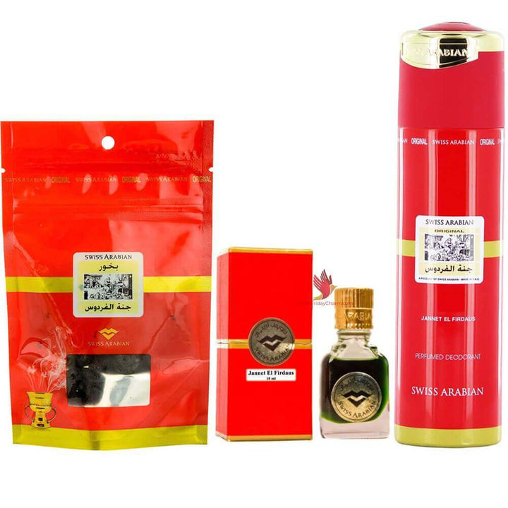 Swiss Arabian Jannat ul Firdaus Combo Pack of Attar, Deodorant &amp; Bakhoor Paste 100% original